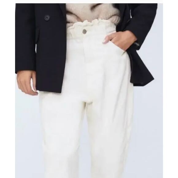 Zara Pants Womens 2 White Paperbag Waist Barrel Leg Corduroy High Rise - Picture 3 of 9
